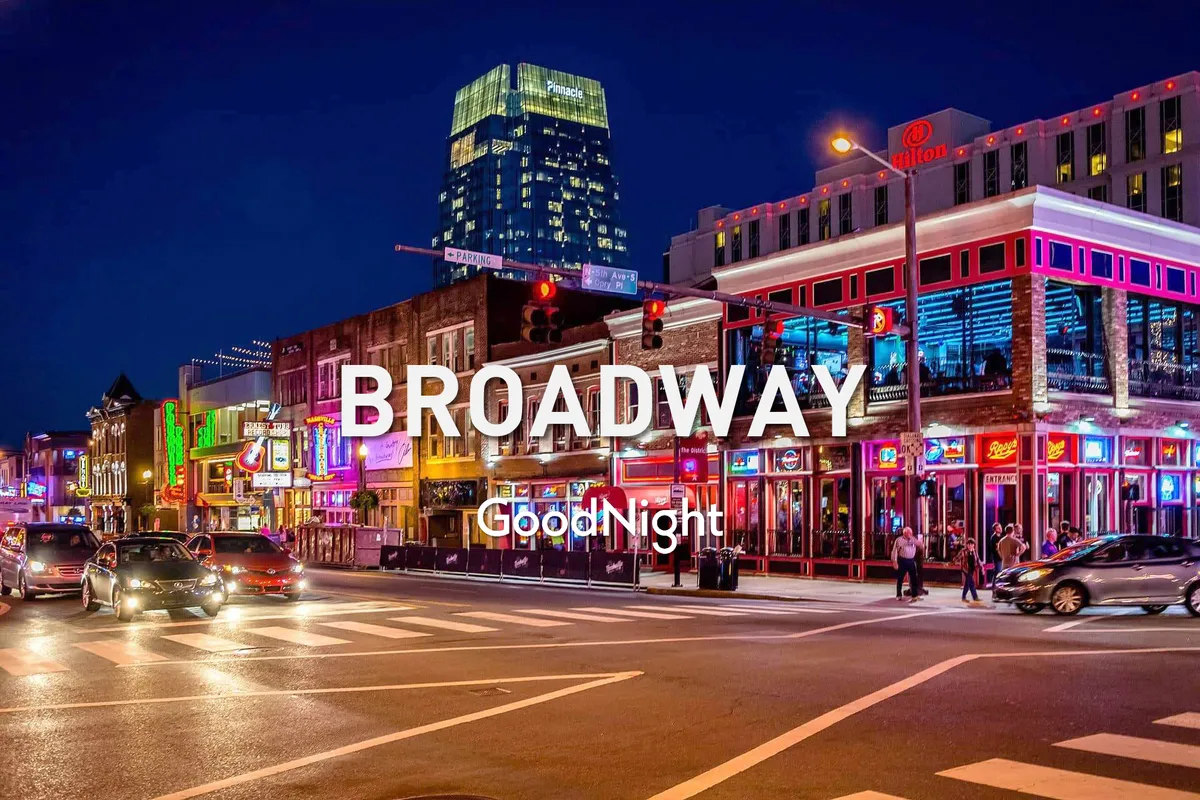 A bustling Nashville street scene at night with glowing neon signs, crowds of people walking, and a skyscraper rising in the background. The sidewalks are alive with diners, shoppers, and music lovers, capturing the city's energetic nightlife and culinary offerings.