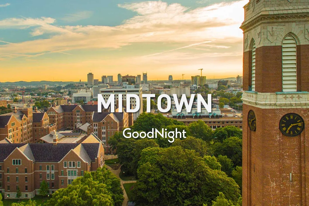 A serene cityscape featuring Nashville’s skyline, historic buildings, a clock tower, and lush trees. The warm, inviting light suggests a city alive with both business and leisure opportunities, inviting exploration of the downtown area.
