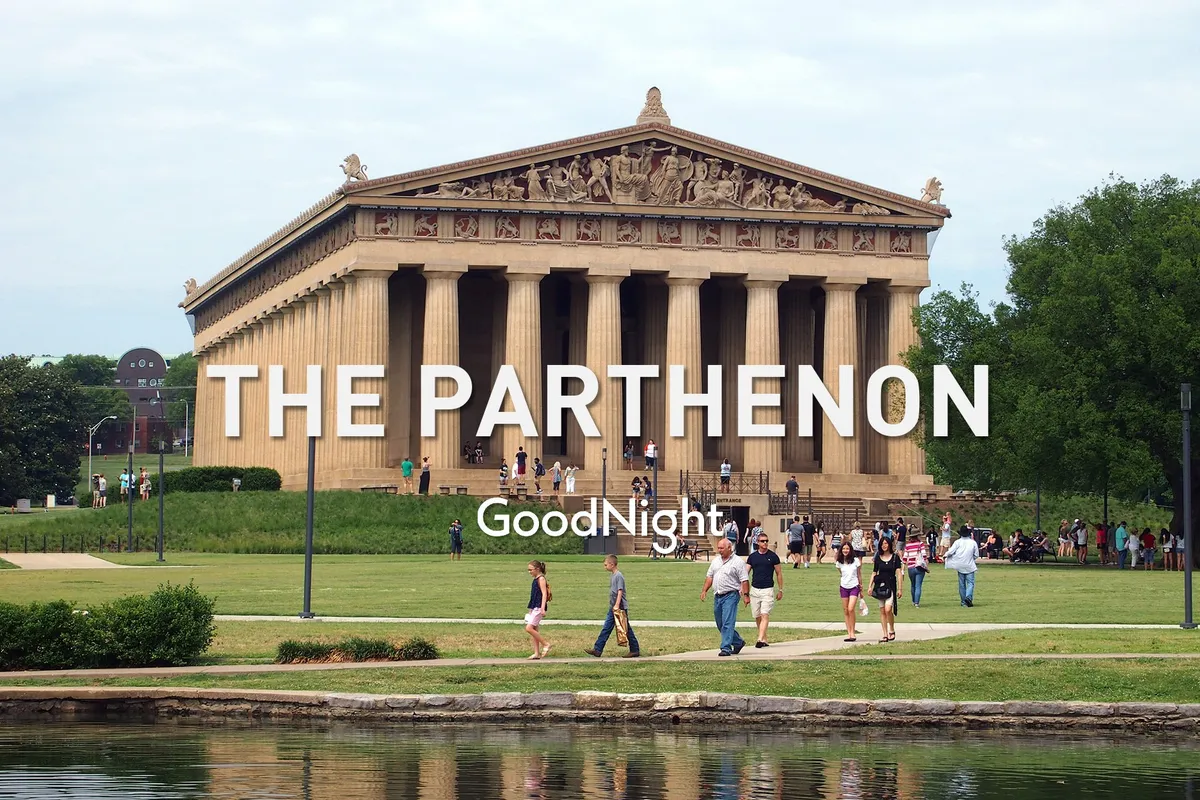 This image showcases the impressive Parthenon replica set amid the lush greenery of Centennial Park. Visitors are seen strolling the grounds, highlighting the accessible and inviting nature of the park. The expansive lawns, mature trees, and classical architecture are bathed in warm, natural light.