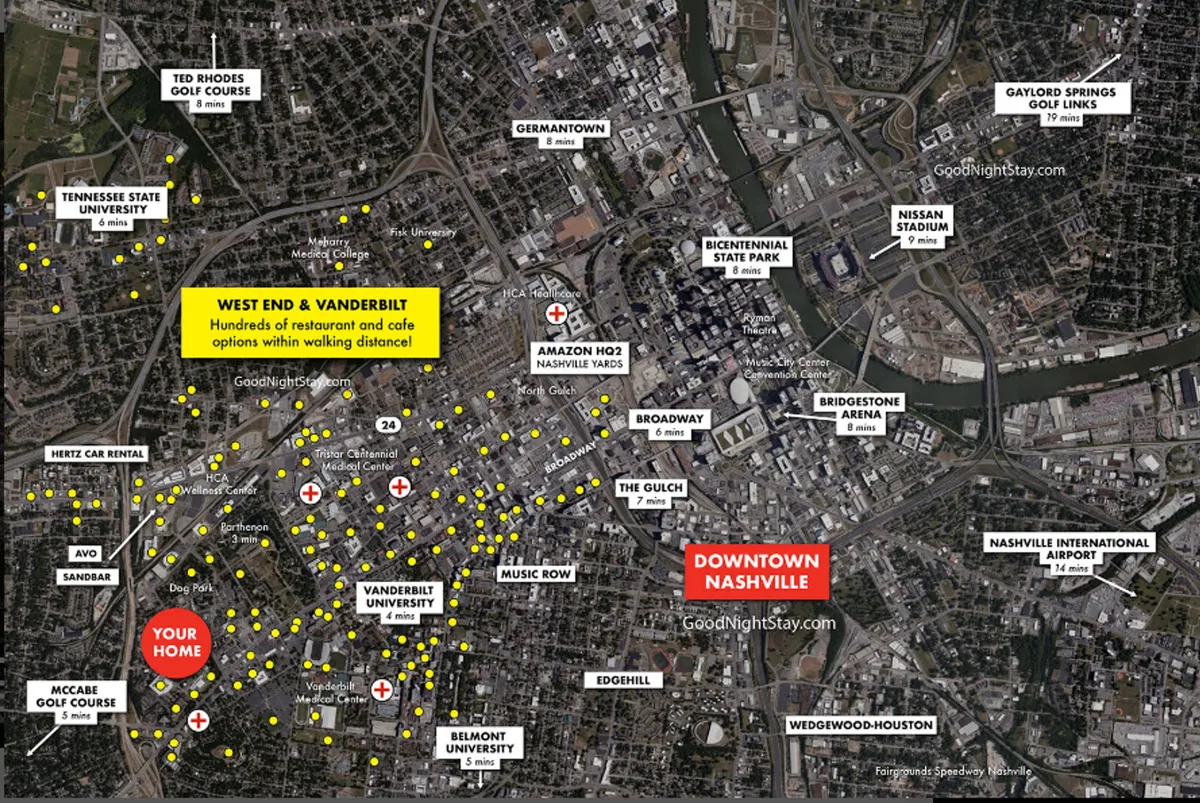 A panoramic view highlighting your home's location in relation to Downtown Nashville, West End, Vanderbilt, and nearby parks. The scene features visible city landmarks and suggests proximity to a diverse array of dining and cultural experiences.