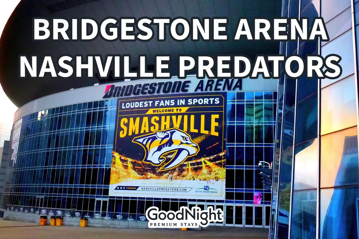A vibrant exterior scene featuring the Bridgestone Arena, with prominent signage, the Nashville Predators logo, and a large 'Welcome to Smashville' banner. The atmosphere is lively, with crowds gathering for events.
